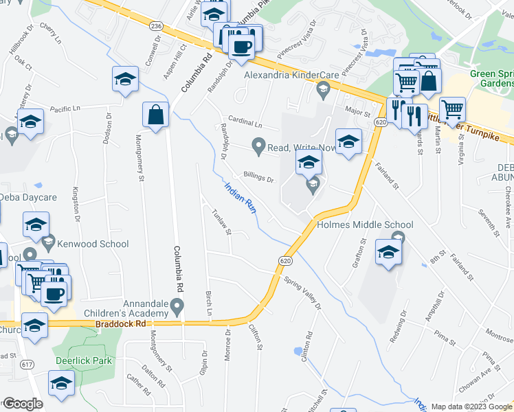 map of restaurants, bars, coffee shops, grocery stores, and more near 4834 Randolph Drive in Annandale