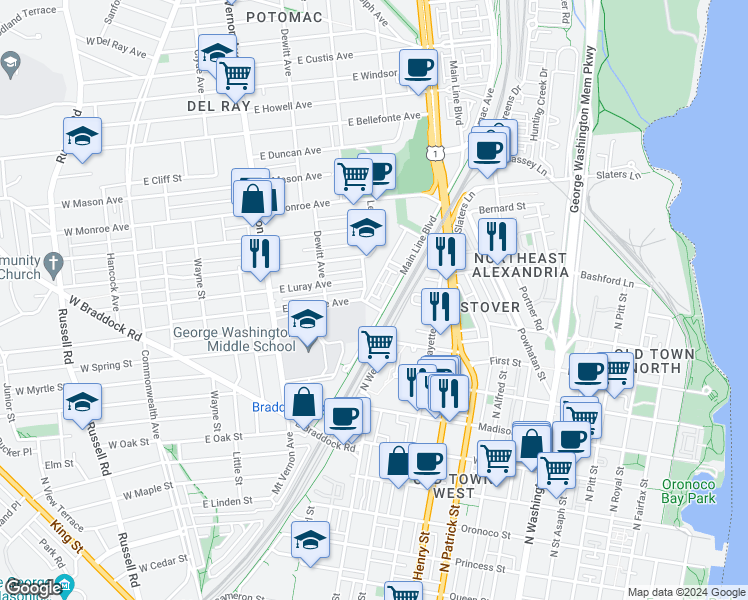 map of restaurants, bars, coffee shops, grocery stores, and more near 606 East Glendale Avenue in Alexandria