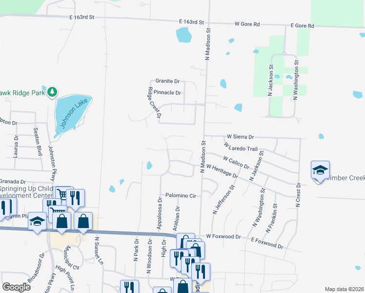 map of restaurants, bars, coffee shops, grocery stores, and more near 419 Sunflower Drive in Raymore