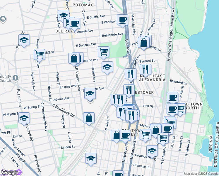 map of restaurants, bars, coffee shops, grocery stores, and more near 606 East Glendale Avenue in Alexandria