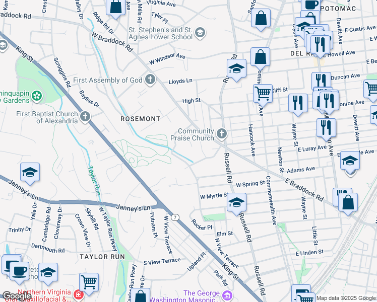 map of restaurants, bars, coffee shops, grocery stores, and more near 402 Hanson Lane in Alexandria