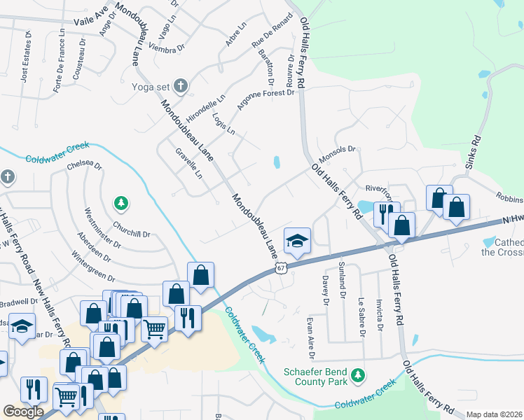 map of restaurants, bars, coffee shops, grocery stores, and more near 14360 Mondoubleau Lane in Florissant
