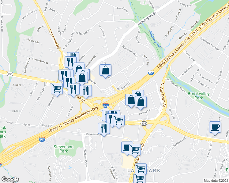 map of restaurants, bars, coffee shops, grocery stores, and more near 6005 Riddle Walk in Alexandria