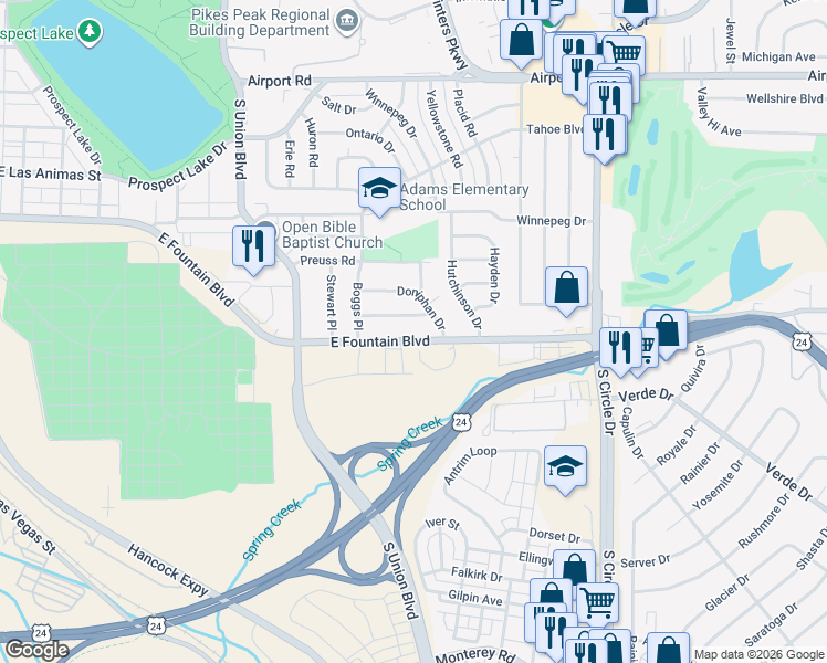map of restaurants, bars, coffee shops, grocery stores, and more near 2206 East Fountain Boulevard in Colorado Springs