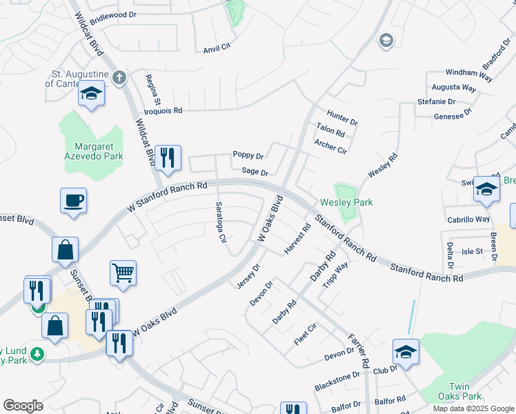 map of restaurants, bars, coffee shops, grocery stores, and more near 1555 Rochester Way in Rocklin