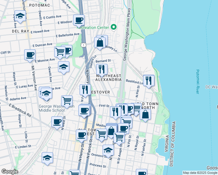 map of restaurants, bars, coffee shops, grocery stores, and more near 1132 Portner Road in Alexandria