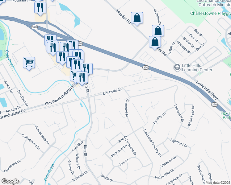 map of restaurants, bars, coffee shops, grocery stores, and more near 3524 Elm Point Road in Saint Charles