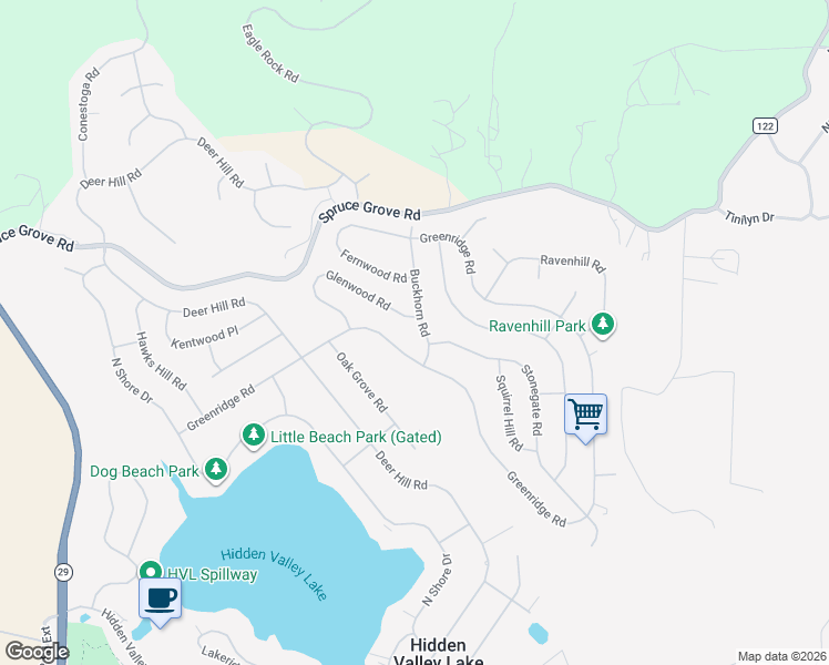 map of restaurants, bars, coffee shops, grocery stores, and more near 16801 Buckhorn Road in Hidden Valley Lake