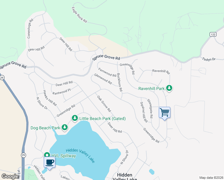 map of restaurants, bars, coffee shops, grocery stores, and more near 17432 Greenridge Road in Hidden Valley Lake