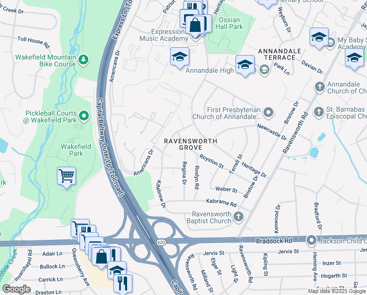 map of restaurants, bars, coffee shops, grocery stores, and more near 4944 Regina Drive in Annandale