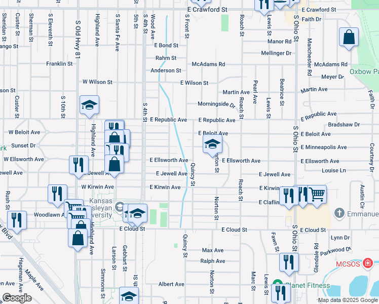 map of restaurants, bars, coffee shops, grocery stores, and more near 318 East Ellsworth Avenue in Salina
