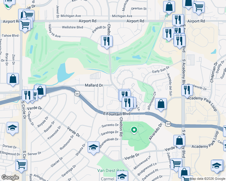 map of restaurants, bars, coffee shops, grocery stores, and more near 1030 South Chelton Road in Colorado Springs