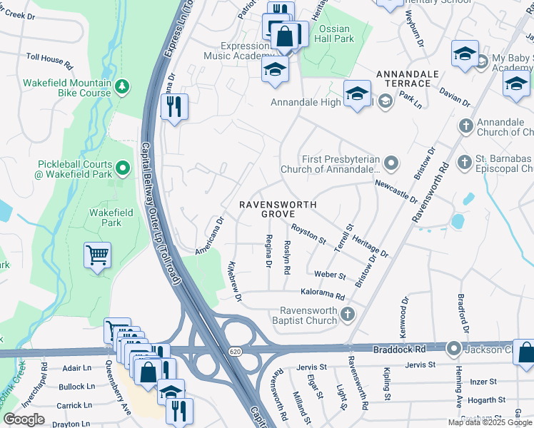 map of restaurants, bars, coffee shops, grocery stores, and more near 4944 Regina Drive in Annandale