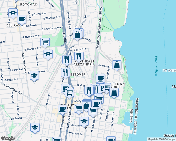 map of restaurants, bars, coffee shops, grocery stores, and more near 1102 Michigan Court in Alexandria