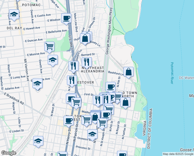 map of restaurants, bars, coffee shops, grocery stores, and more near 1102 Michigan Court in Alexandria