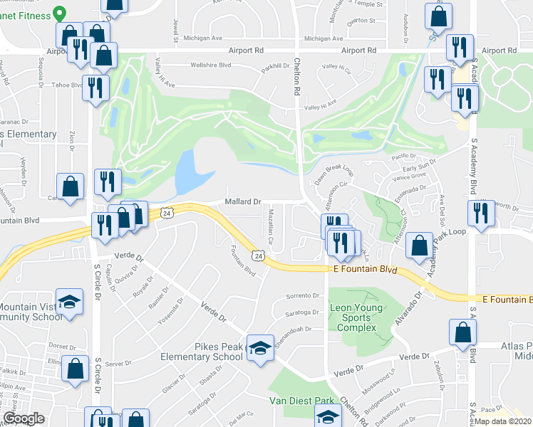 map of restaurants, bars, coffee shops, grocery stores, and more near 3050 East Fountain Boulevard in Colorado Springs