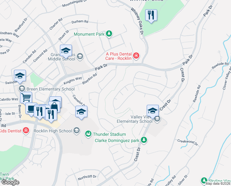 map of restaurants, bars, coffee shops, grocery stores, and more near 2405 Scenic Court in Rocklin