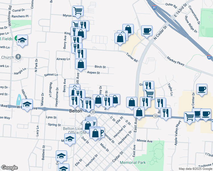 map of restaurants, bars, coffee shops, grocery stores, and more near 218 East Washington Street in Belton