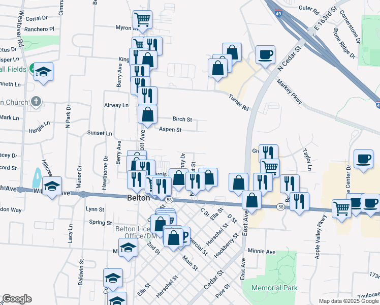 map of restaurants, bars, coffee shops, grocery stores, and more near 218 East Washington Street in Belton
