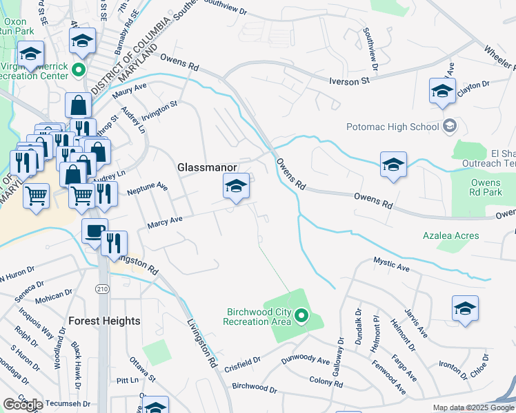 map of restaurants, bars, coffee shops, grocery stores, and more near 1117 Marcy Avenue in Oxon Hill
