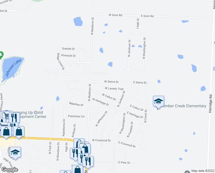 map of restaurants, bars, coffee shops, grocery stores, and more near 210 West Laredo Trail in Raymore