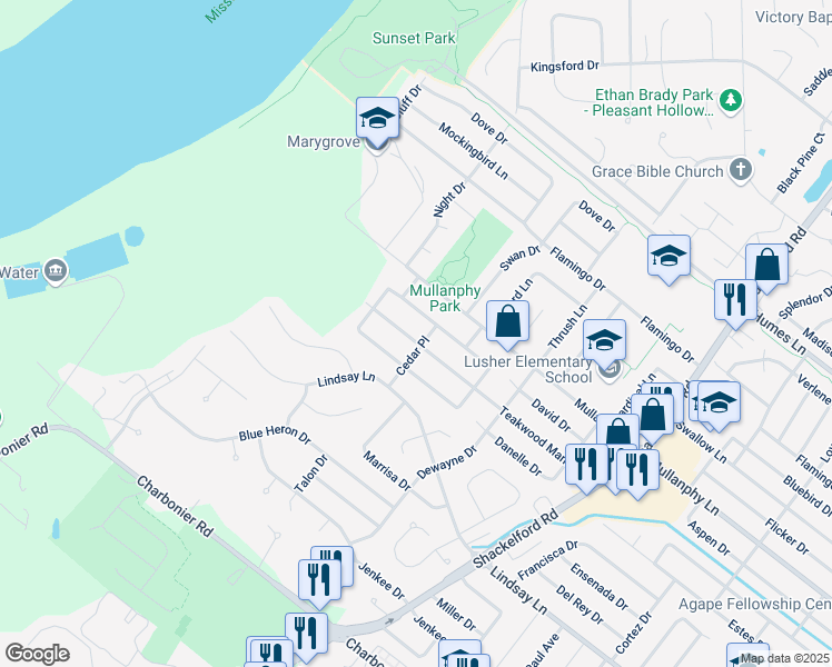 map of restaurants, bars, coffee shops, grocery stores, and more near 2475 Teakwood Manor Drive in Florissant