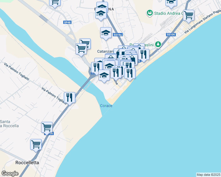 map of restaurants, bars, coffee shops, grocery stores, and more near 13 Lungo Mare Reggio Calabria in Catanzaro