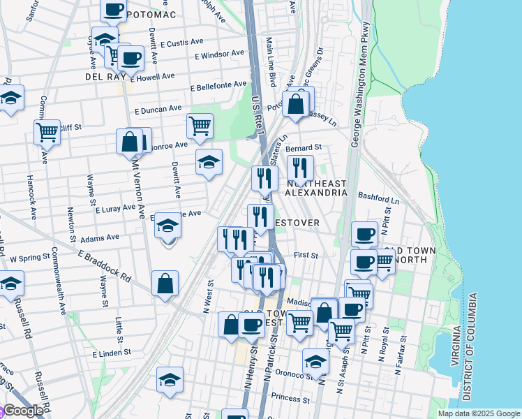 map of restaurants, bars, coffee shops, grocery stores, and more near 1215 North Fayette Street in Alexandria