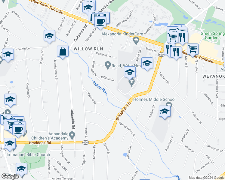 map of restaurants, bars, coffee shops, grocery stores, and more near 4837 Randolph Drive in Annandale