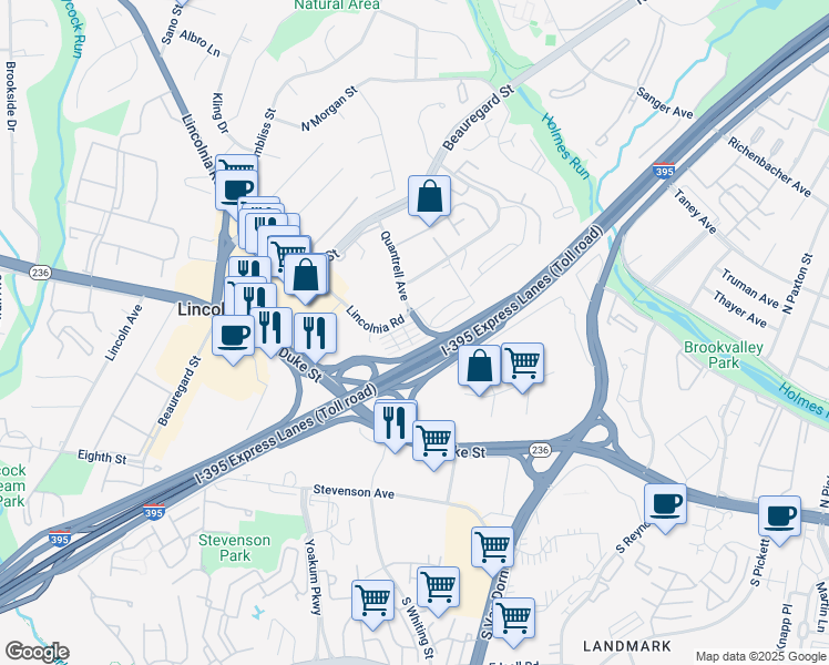 map of restaurants, bars, coffee shops, grocery stores, and more near 6006 Ricketts Walk in Alexandria