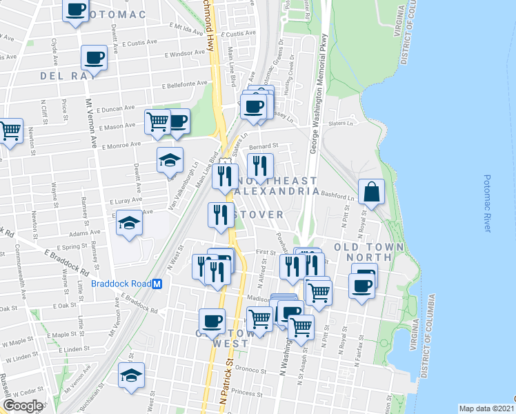 map of restaurants, bars, coffee shops, grocery stores, and more near 1134 Powhatan Street in Alexandria