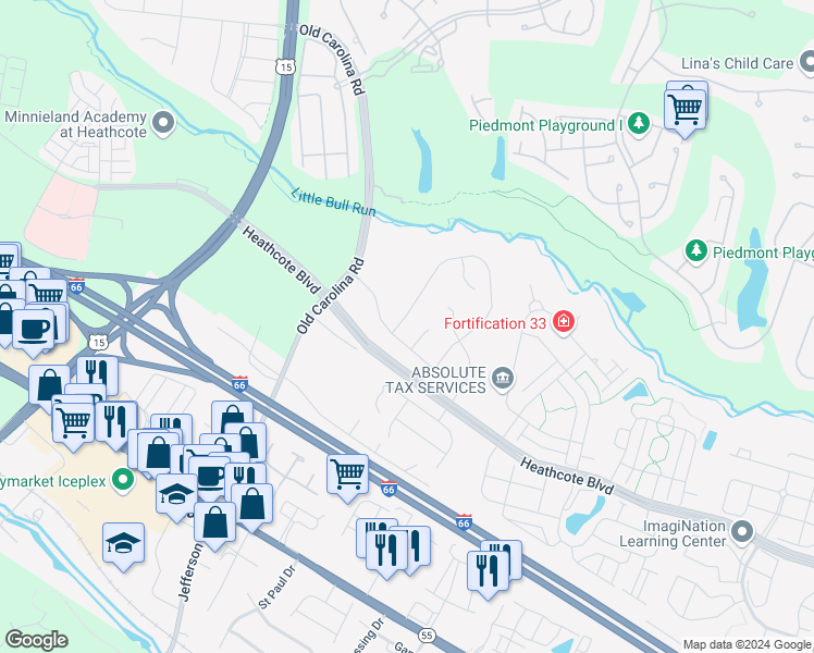 map of restaurants, bars, coffee shops, grocery stores, and more near 6406 Ashby Grove Loop in Haymarket