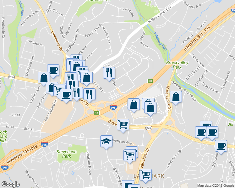 map of restaurants, bars, coffee shops, grocery stores, and more near 6006 Ricketts Walk in Alexandria