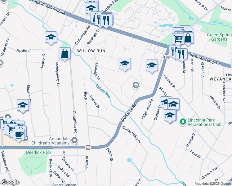 map of restaurants, bars, coffee shops, grocery stores, and more near 4837 Randolph Drive in Annandale