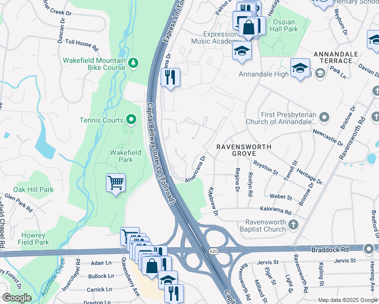 map of restaurants, bars, coffee shops, grocery stores, and more near 7901 Schuyler Court in Annandale
