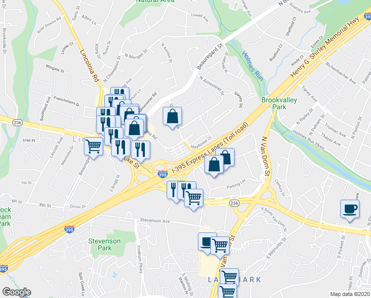 map of restaurants, bars, coffee shops, grocery stores, and more near 6005 Riddle Walk in Alexandria