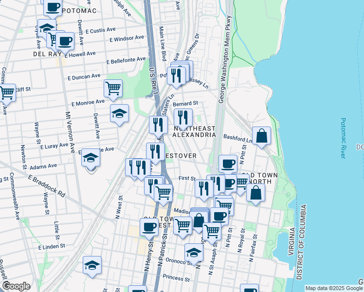 map of restaurants, bars, coffee shops, grocery stores, and more near 1134 Powhatan Street in Alexandria
