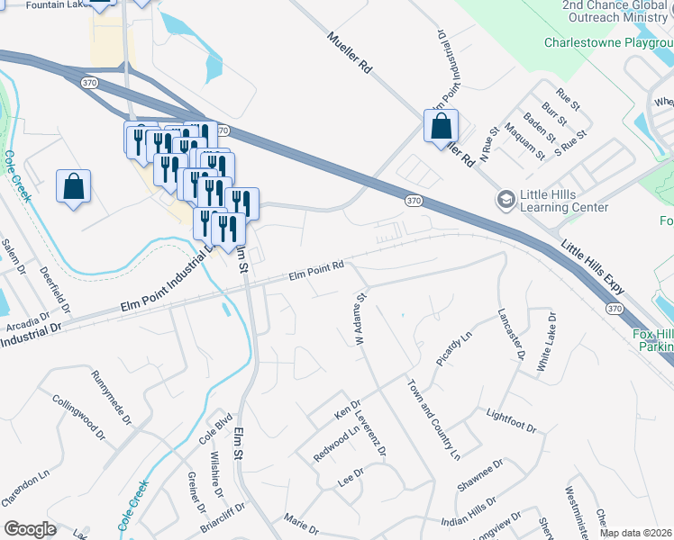 map of restaurants, bars, coffee shops, grocery stores, and more near 3524 Elm Point Road in Saint Charles