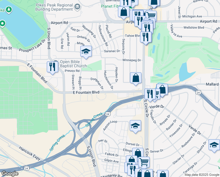 map of restaurants, bars, coffee shops, grocery stores, and more near 2330 East Fountain Boulevard in Colorado Springs
