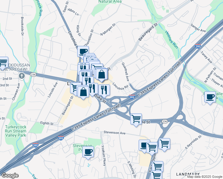 map of restaurants, bars, coffee shops, grocery stores, and more near 205 North Breckinridge Place in Alexandria
