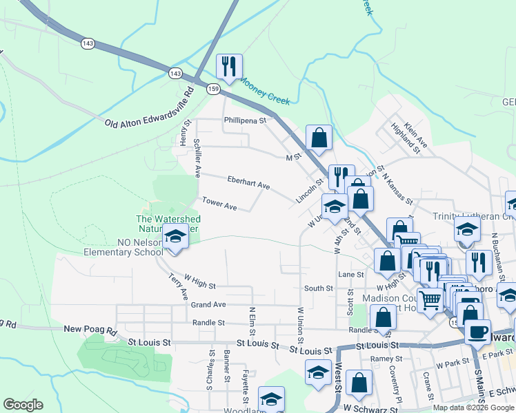 map of restaurants, bars, coffee shops, grocery stores, and more near 314 Locust Street in Edwardsville