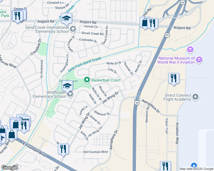 map of restaurants, bars, coffee shops, grocery stores, and more near 5020 Wezel Circle in Colorado Springs