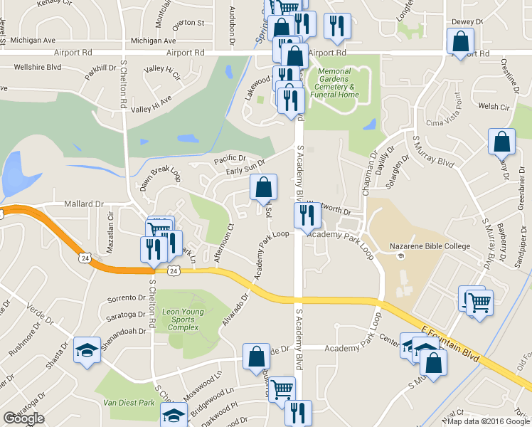 map of restaurants, bars, coffee shops, grocery stores, and more near 926 Acapulco Court in Colorado Springs
