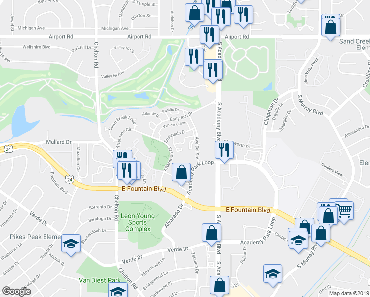 map of restaurants, bars, coffee shops, grocery stores, and more near 926 Acapulco Court in Colorado Springs