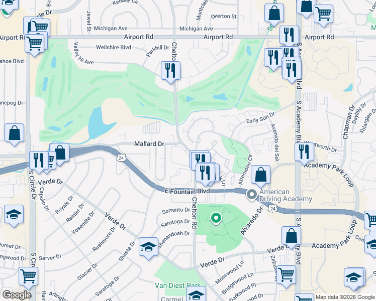 map of restaurants, bars, coffee shops, grocery stores, and more near 964 Dawn Break Loop in Colorado Springs