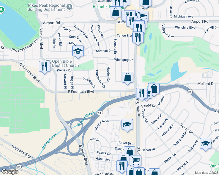 map of restaurants, bars, coffee shops, grocery stores, and more near 846 Sequoia Drive in Colorado Springs
