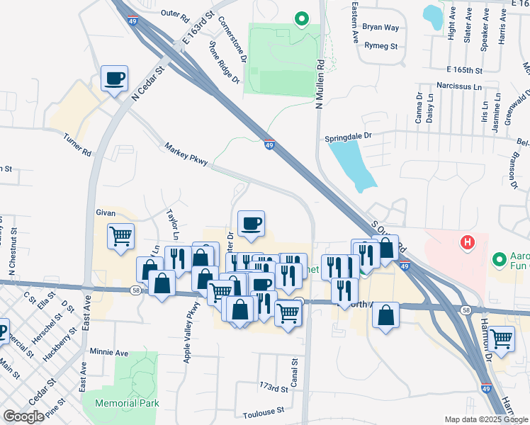map of restaurants, bars, coffee shops, grocery stores, and more near 800 Markey Parkway in Belton