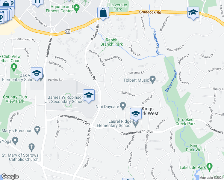 map of restaurants, bars, coffee shops, grocery stores, and more near 4980 Swinton Drive in Fairfax