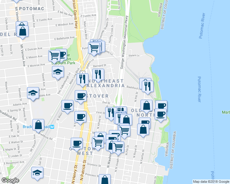 map of restaurants, bars, coffee shops, grocery stores, and more near 703 West Abingdon Court in Alexandria