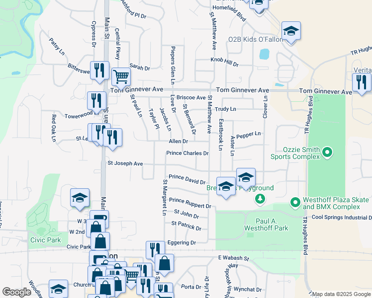 map of restaurants, bars, coffee shops, grocery stores, and more near 702 Love Drive in O'Fallon